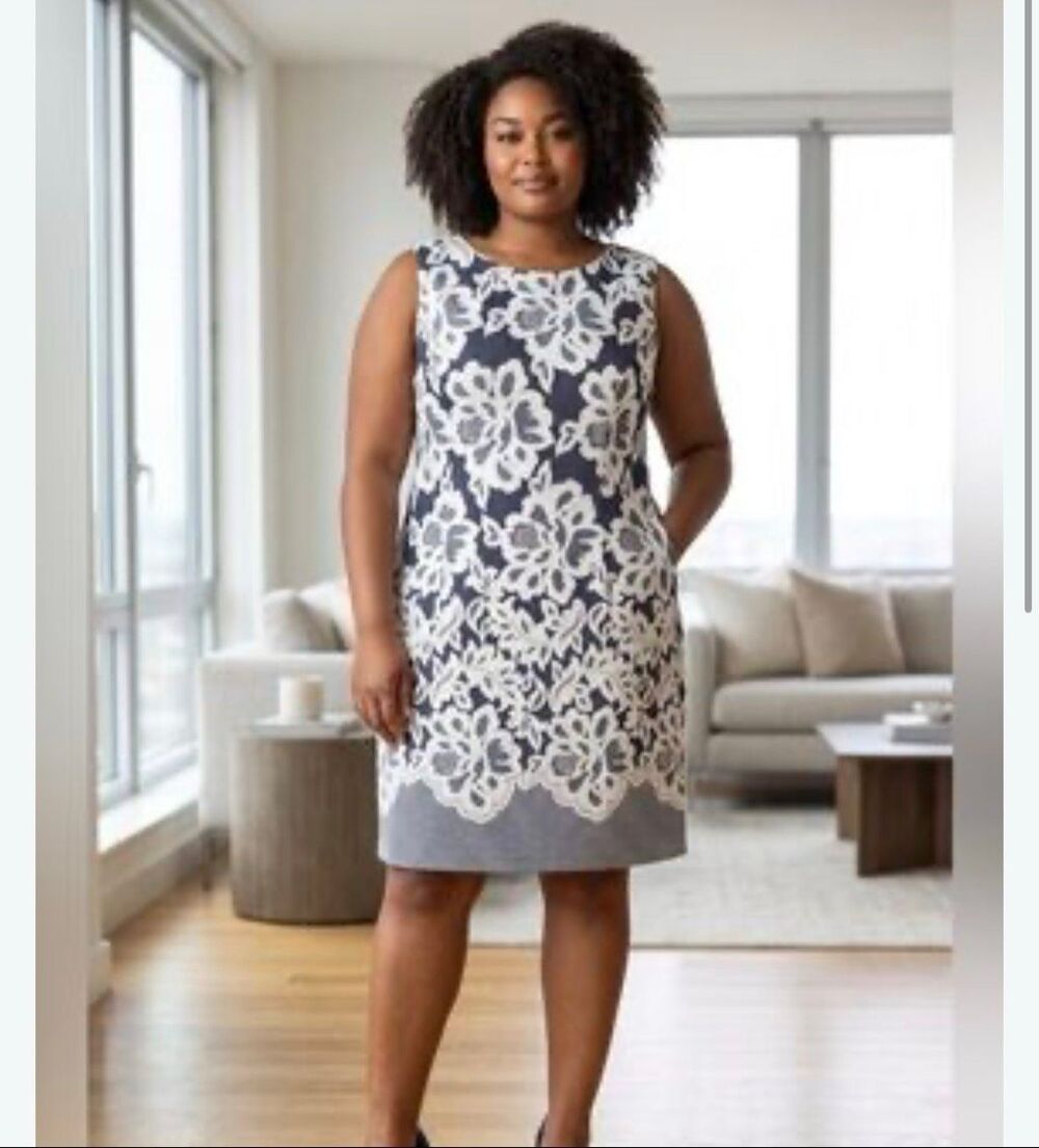 Sandra Darren Navy White Floral Sheath Dress Women’s 14P Petite Sleeveless